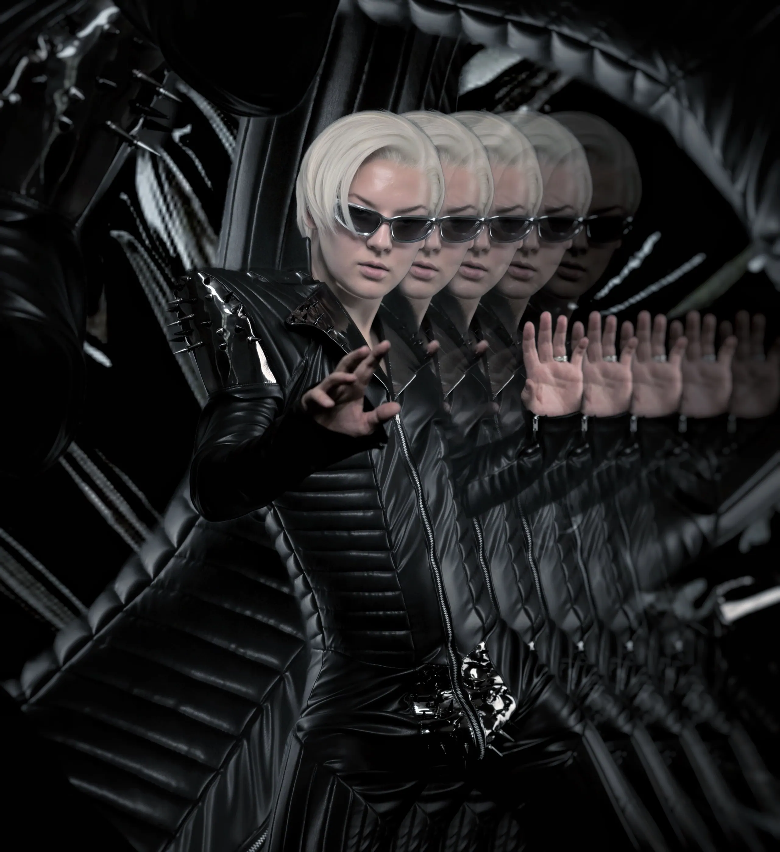 The patent catsuit repeated in a mirrored echo across a black quilted backdrop